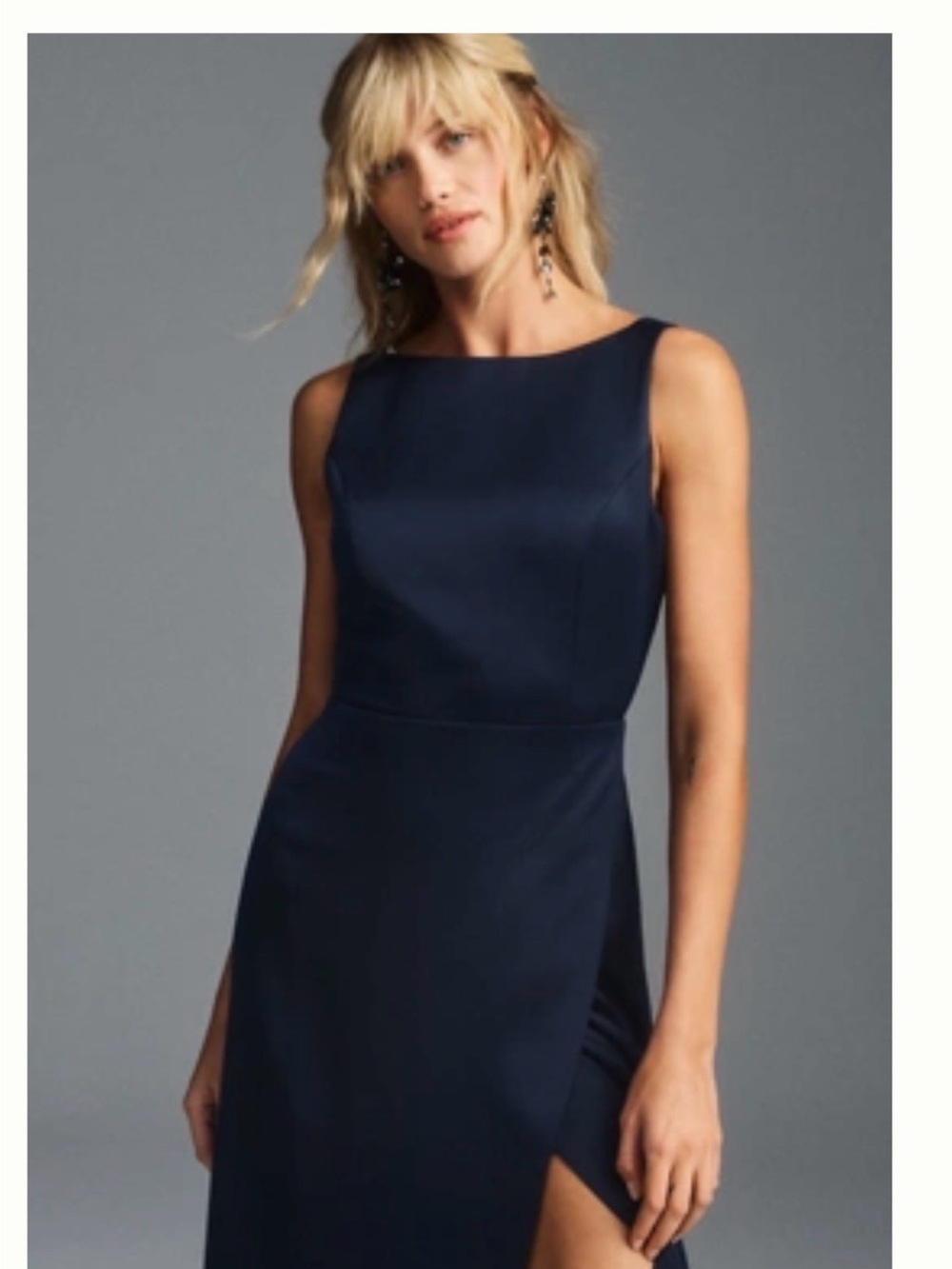 BHLDN ALICE HIGH-NECK SATIN MAXI DRESS Sleeveless Navy Sheath Dress with Slit